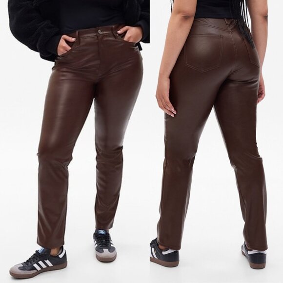 NWT GAP High Rise Vegan Leather Vintage Slim Pants in Espresso Brown Size 31 - Picture 1 of 16
